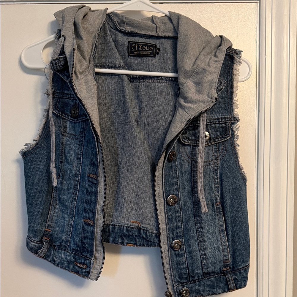 Ci Sono Blue Denim Vest with Gray Hood